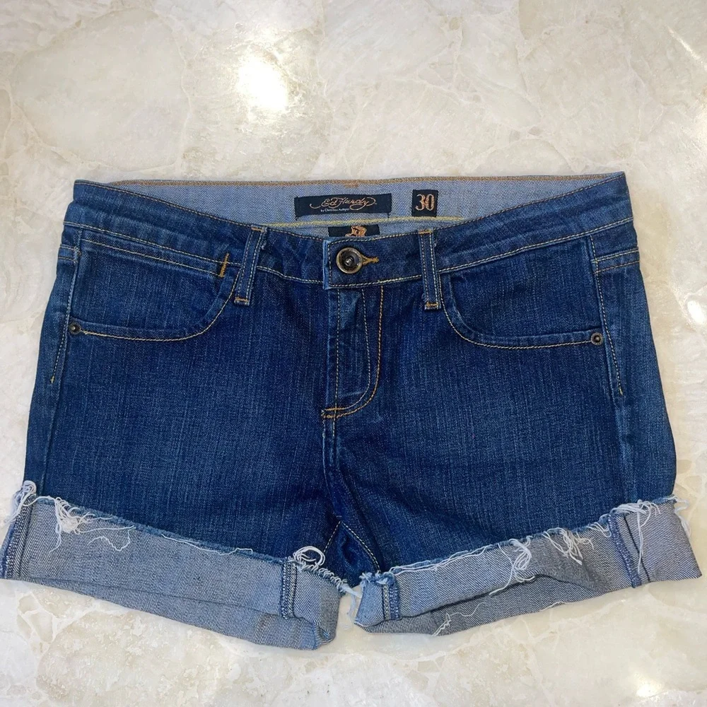 Ed Hardy Skull Heart Embroidered Denim Shorts Size 30 - Picture 15 of 16
